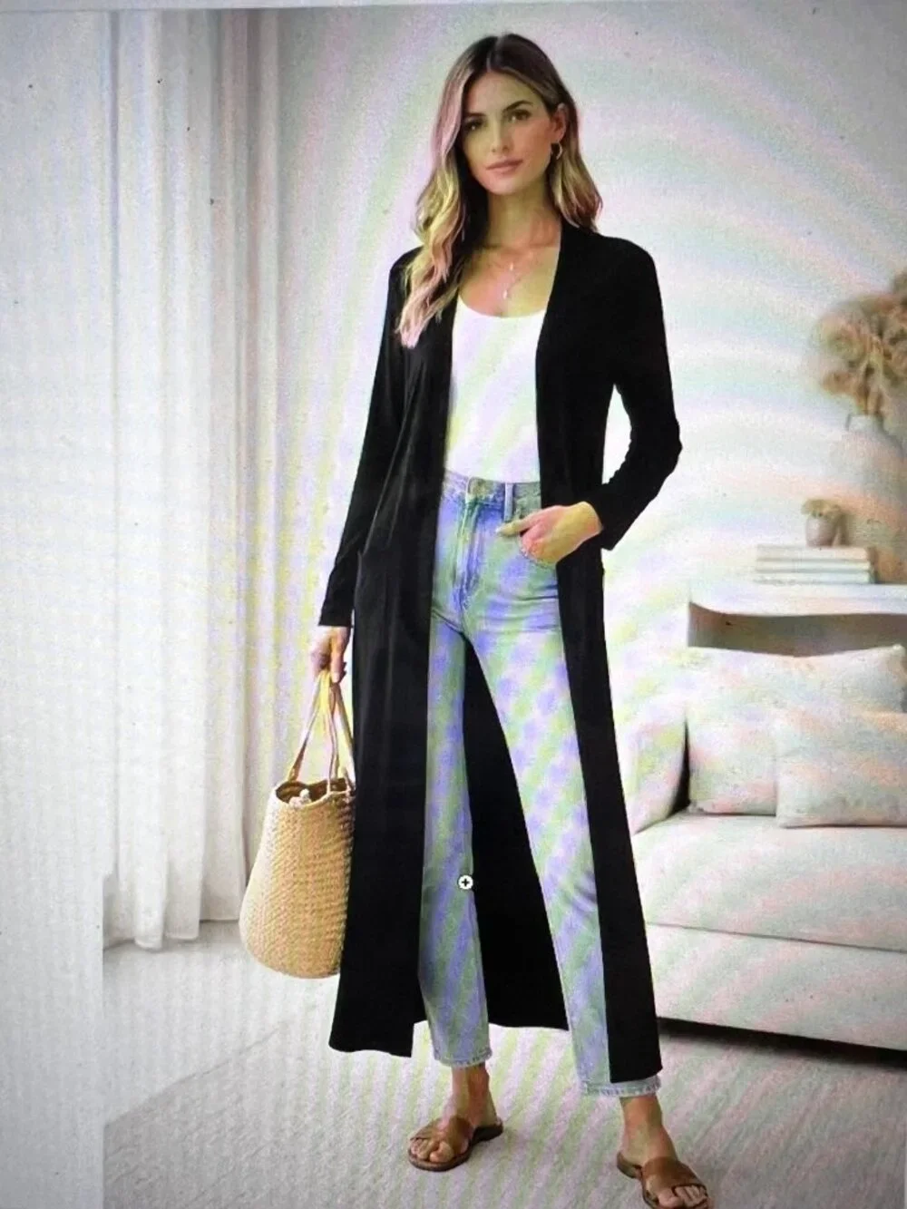 Johnny Was Calmé Black Open Front Maxi Duster Cardigan with Front Pockets, XS